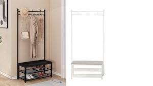 COAT AND SHOE RACK W/ BENCH – COLBIE- Freestanding Corner Tree Shelf Entryway Storage for Small Space, also in Black COAT AND SHOE RACK W/ BENCH - COLBIE- Freestanding Corner Tree Shelf Entryway Storage for Small Space, also in Black