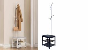 TREE COAT AND SHOE RACK WITH BENCH – TRACY – Freestanding Corner Tree Shelf Entryway Storage for Small Space, also in Black TREE COAT AND SHOE RACK WITH BENCH - TRACY - Freestanding Corner Tree Shelf Entryway Storage for Small Space, also in Black