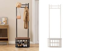 Coat and Shoe Rack w/ Bench – Cora – Freestanding Corner Tree Shelf Entryway Storage for Small Space, also in Black Coat and Shoe Rack w/ Bench - Cora - Freestanding Corner Tree Shelf Entryway Storage for Small Space, also in Black