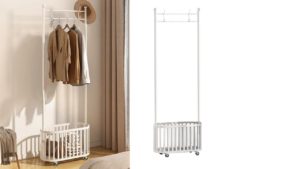 ROLLING GARMENT RACK W/ BASKET – ROBYN- Freestanding Corner Tree Shelf Entryway Storage for Small Space, also in Black ROLLING GARMENT RACK W/ BASKET - ROBYN- Freestanding Corner Tree Shelf Entryway Storage for Small Space, also in Black
