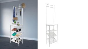 COAT AND SHOE RACK (SLANT) – CLARK SMALL – Freestanding Corner Tree Shelf Entryway Storage for Small Space, also in Black COAT AND SHOE RACK (SLANT) - CLARK SMALL - Freestanding Corner Tree Shelf Entryway Storage for Small Space, also in Black